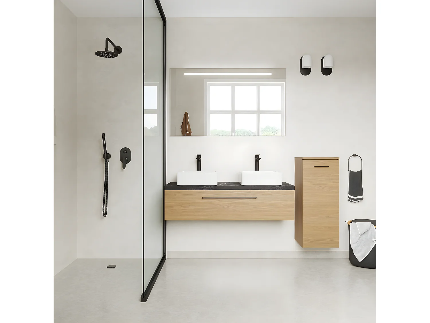 Meuble de salle de bain suspendu 2 vasques à poser 120cm 1 tiroir Chêne clair + miroir + colonne ouverture droite - Glasgow