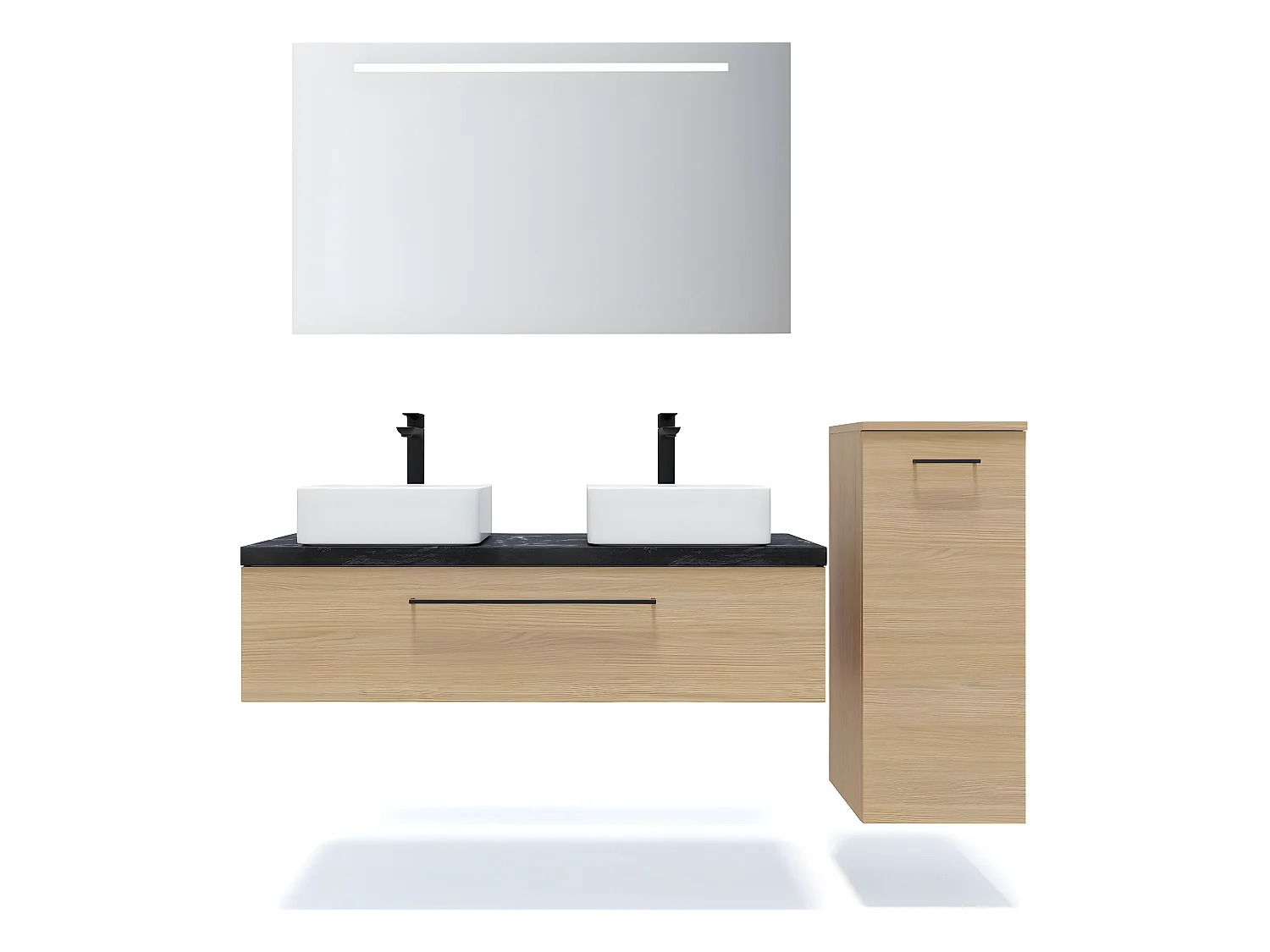 Meuble de salle de bain suspendu 2 vasques à poser 120cm 1 tiroir Chêne clair + miroir + colonne ouverture droite - Glasgow