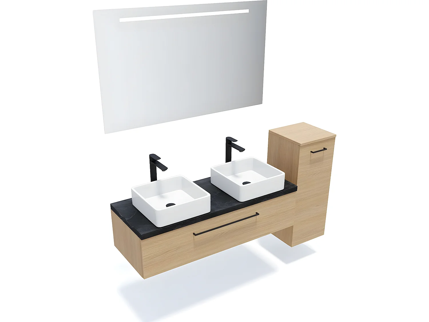 Meuble de salle de bain suspendu 2 vasques à poser 120cm 1 tiroir Chêne clair + miroir + colonne ouverture droite - Glasgow