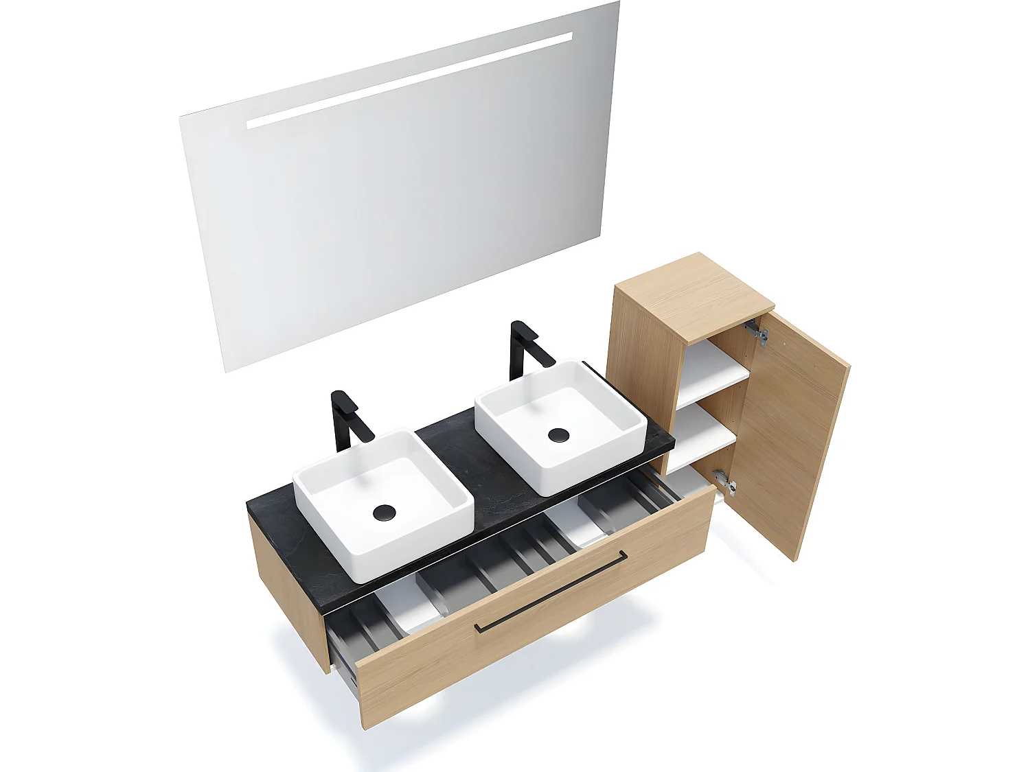 Meuble de salle de bain suspendu 2 vasques à poser 120cm 1 tiroir Chêne clair + miroir + colonne ouverture droite - Glasgow