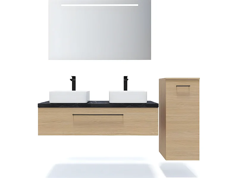 Meuble de salle de bain suspendu 2 vasques à poser 120cm 1 tiroir Chêne clair + miroir + colonne ouverture droite - Glasgow