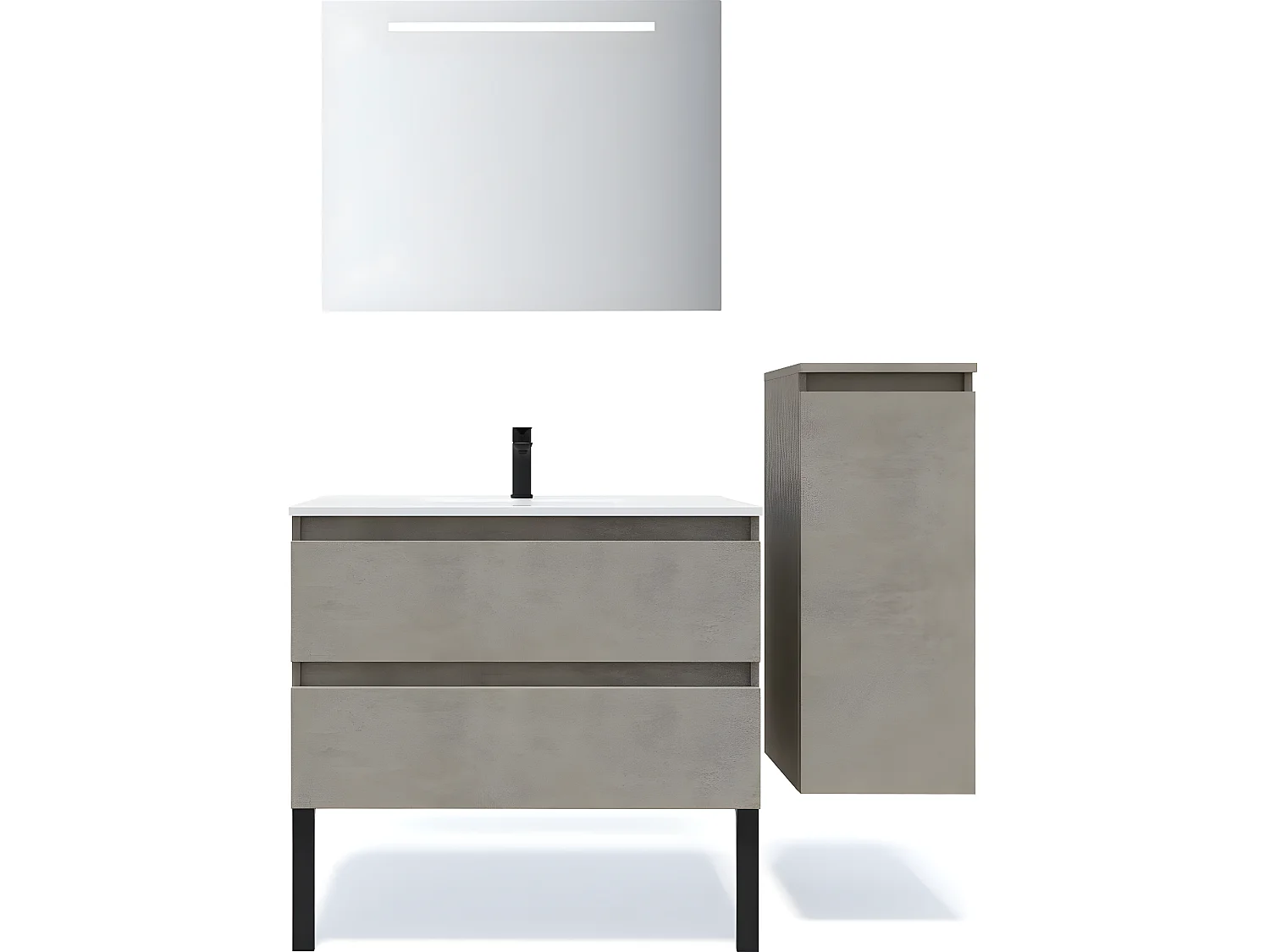 Meuble de salle de bain suspendu vasque intégrée 90cm 2 tiroirs façon Béton + miroir + colonne ouverture droite - Hudson