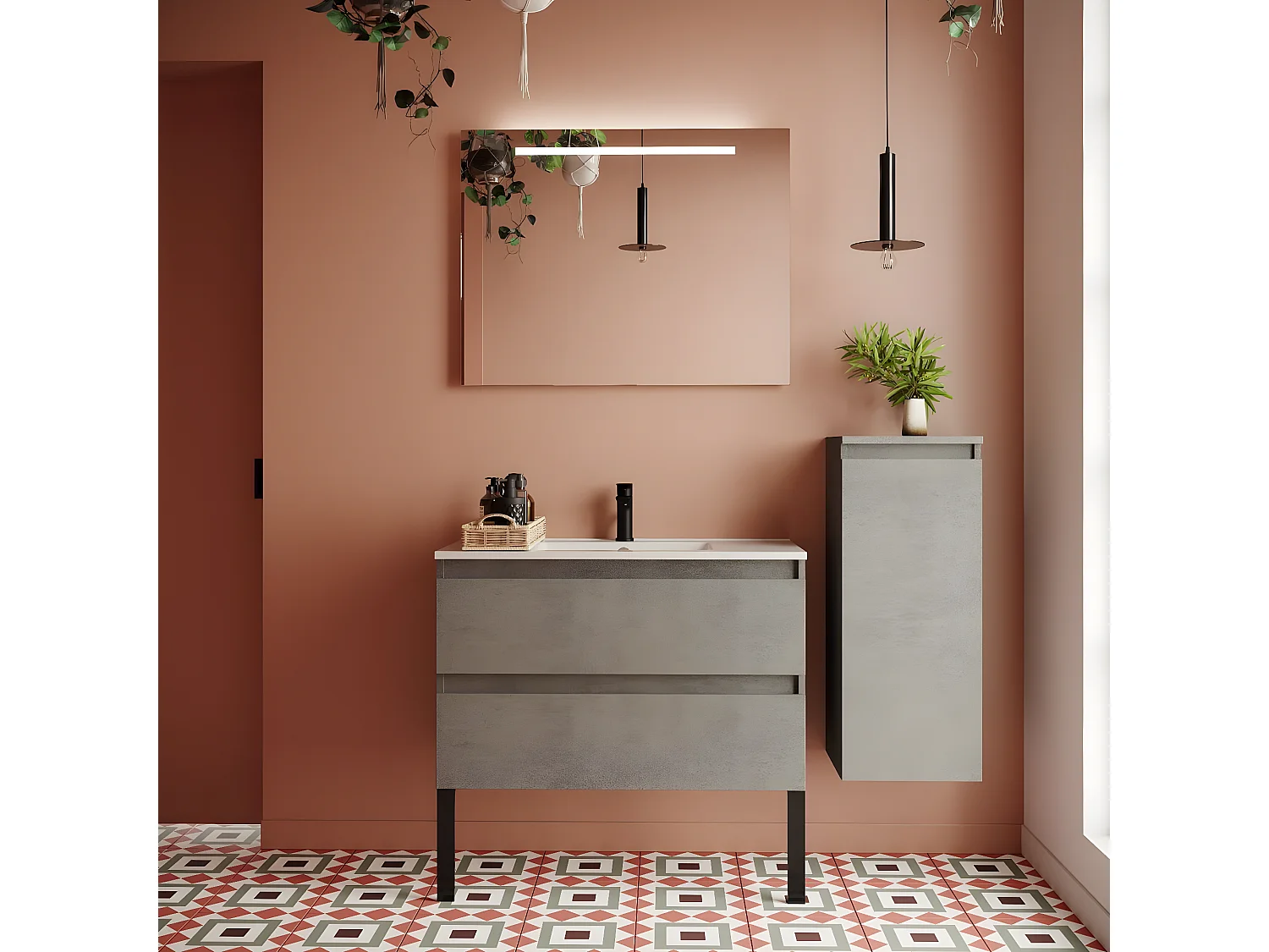 Meuble de salle de bain suspendu vasque intégrée 90cm 2 tiroirs façon Béton + miroir + colonne ouverture droite - Hudson