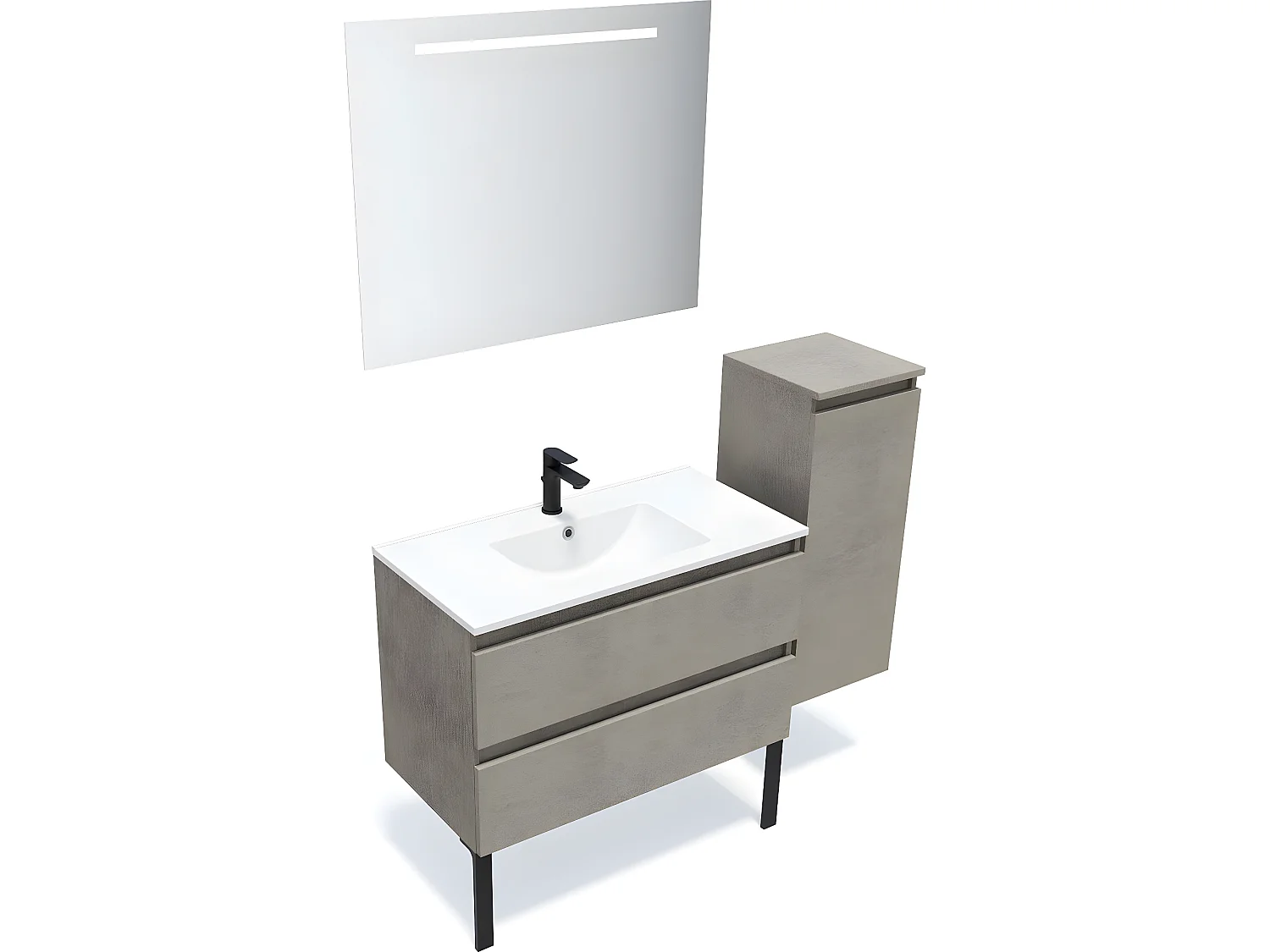 Meuble de salle de bain suspendu vasque intégrée 90cm 2 tiroirs façon Béton + miroir + colonne ouverture droite - Hudson