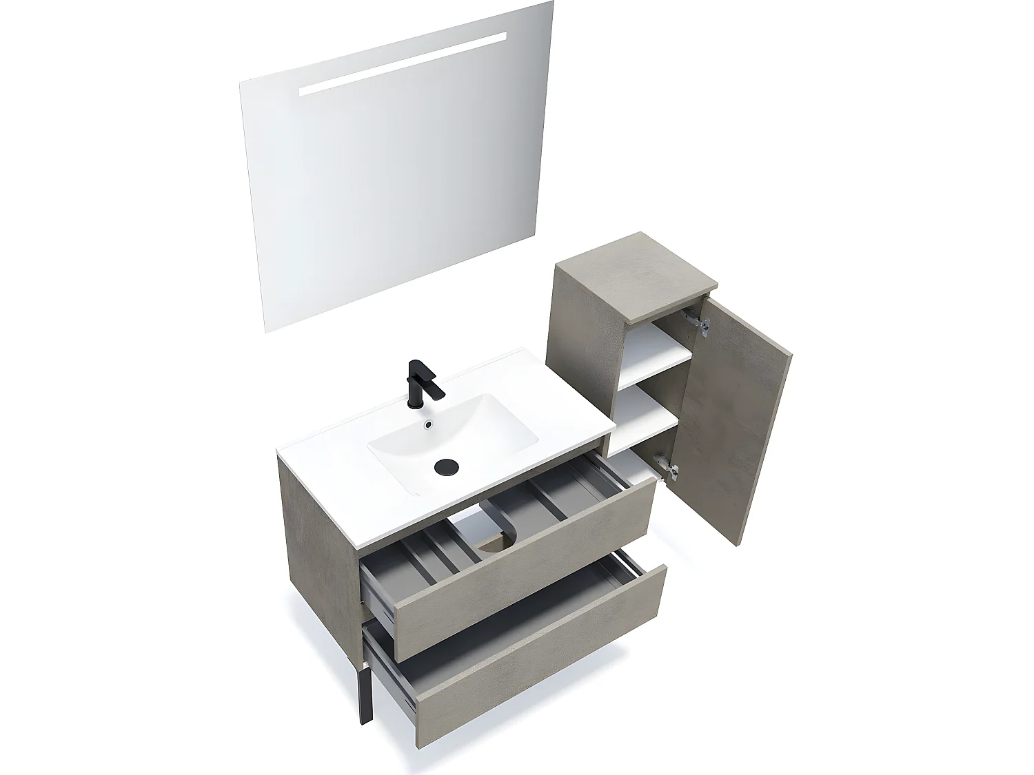 Meuble de salle de bain suspendu vasque intégrée 90cm 2 tiroirs façon Béton + miroir + colonne ouverture droite - Hudson