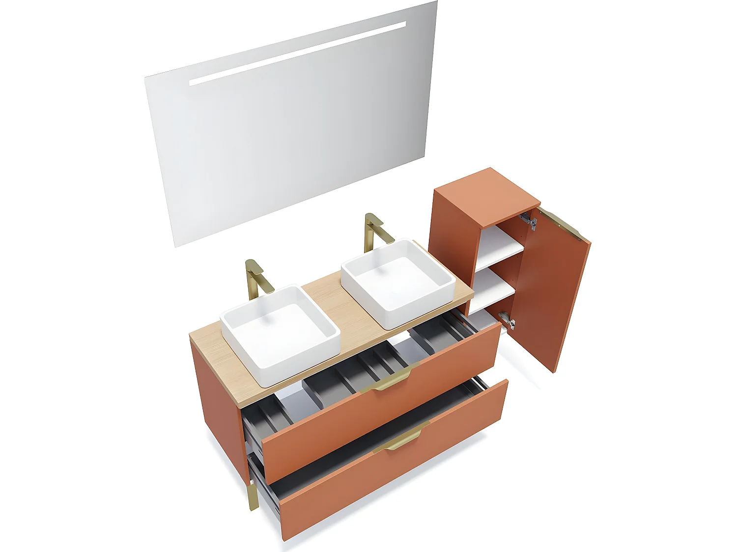 Meuble de salle de bain suspendu 2 vasques à poser 120cm 2 tiroirs Terracotta + miroir + colonne ouverture droite - Venice