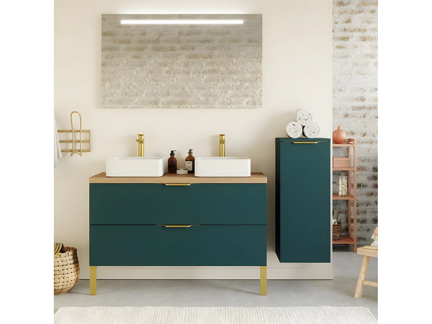 Meuble de salle de bain suspendu 2 vasques à poser 120cm 2 tiroirs Bleu + miroir + colonne ouverture droite - Venice