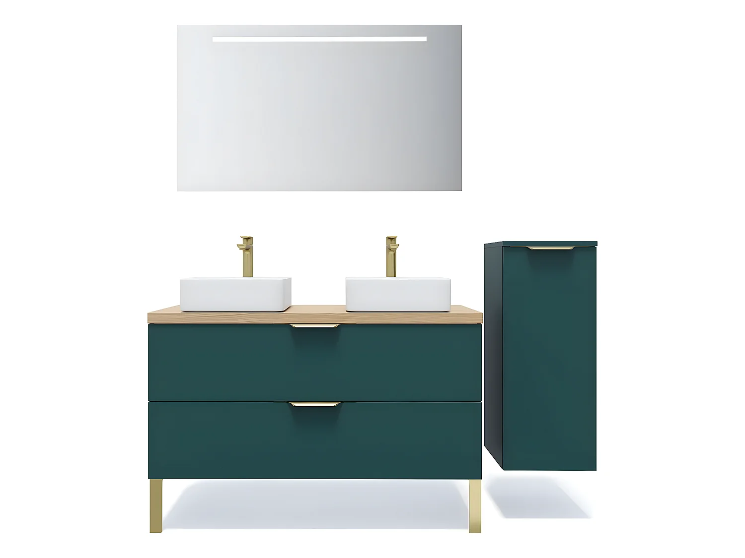 Meuble de salle de bain suspendu 2 vasques à poser 120cm 2 tiroirs Bleu + miroir + colonne ouverture droite - Venice