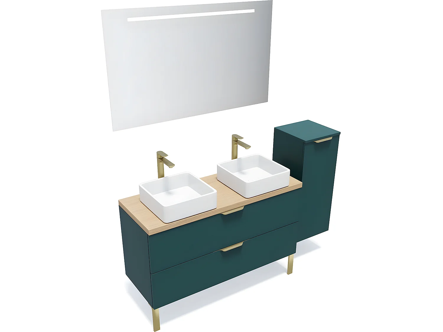 Meuble de salle de bain suspendu 2 vasques à poser 120cm 2 tiroirs Bleu + miroir + colonne ouverture droite - Venice