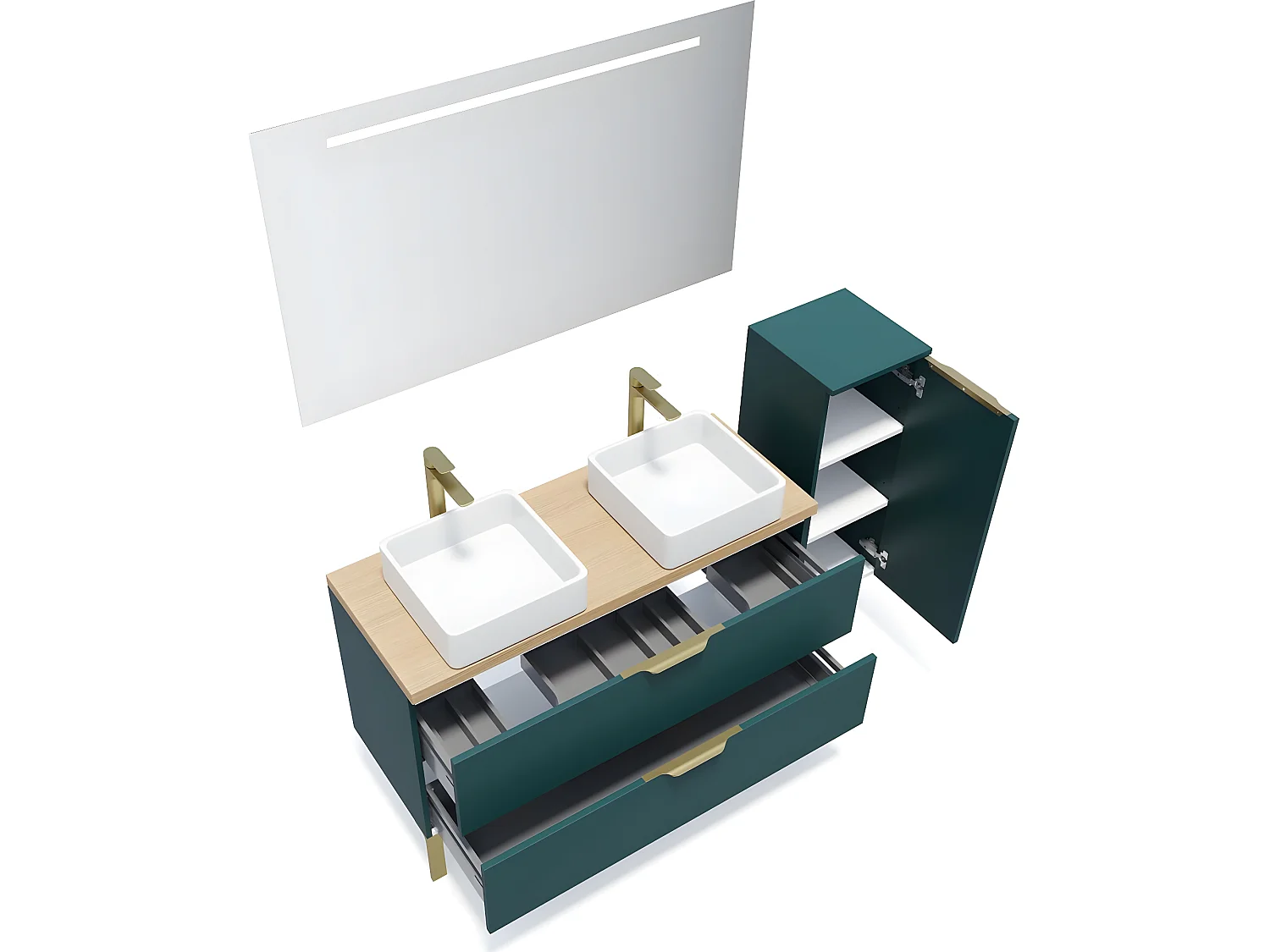 Meuble de salle de bain suspendu 2 vasques à poser 120cm 2 tiroirs Bleu + miroir + colonne ouverture droite - Venice