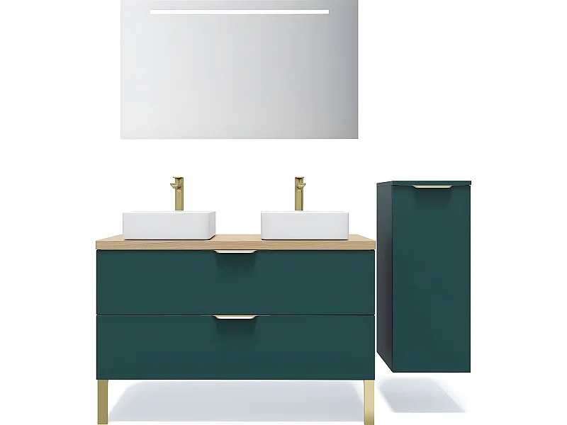 Meuble de salle de bain suspendu 2 vasques à poser 120cm 2 tiroirs Bleu + miroir + colonne ouverture droite - Venice
