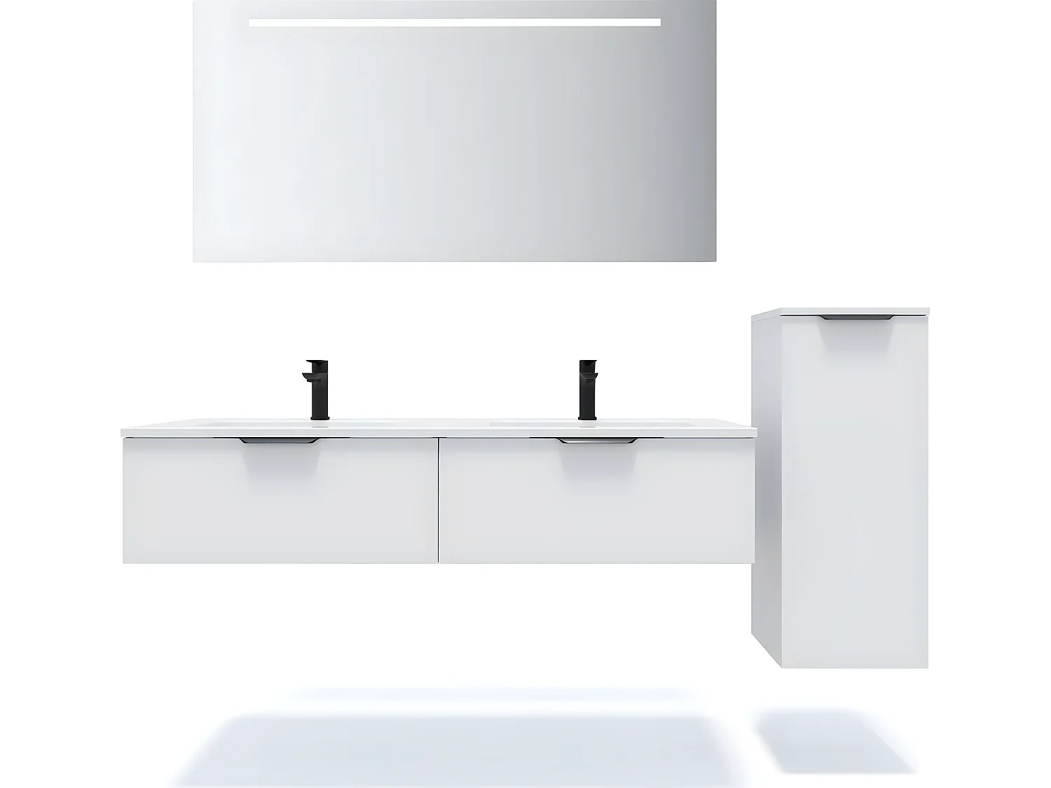 Meuble de salle de bain suspendu double vasque intégrée 140cm 2 tiroirs Blanc + miroir + colonne ouverture droite - Soho