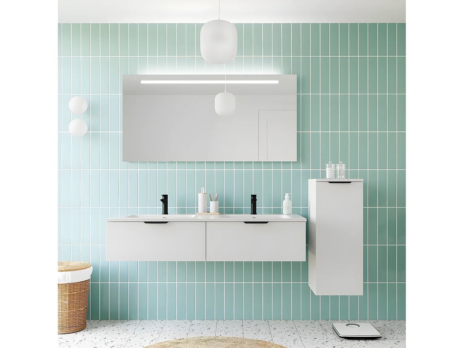 Meuble de salle de bain suspendu double vasque intégrée 140cm 2 tiroirs Blanc + miroir + colonne ouverture droite - Soho