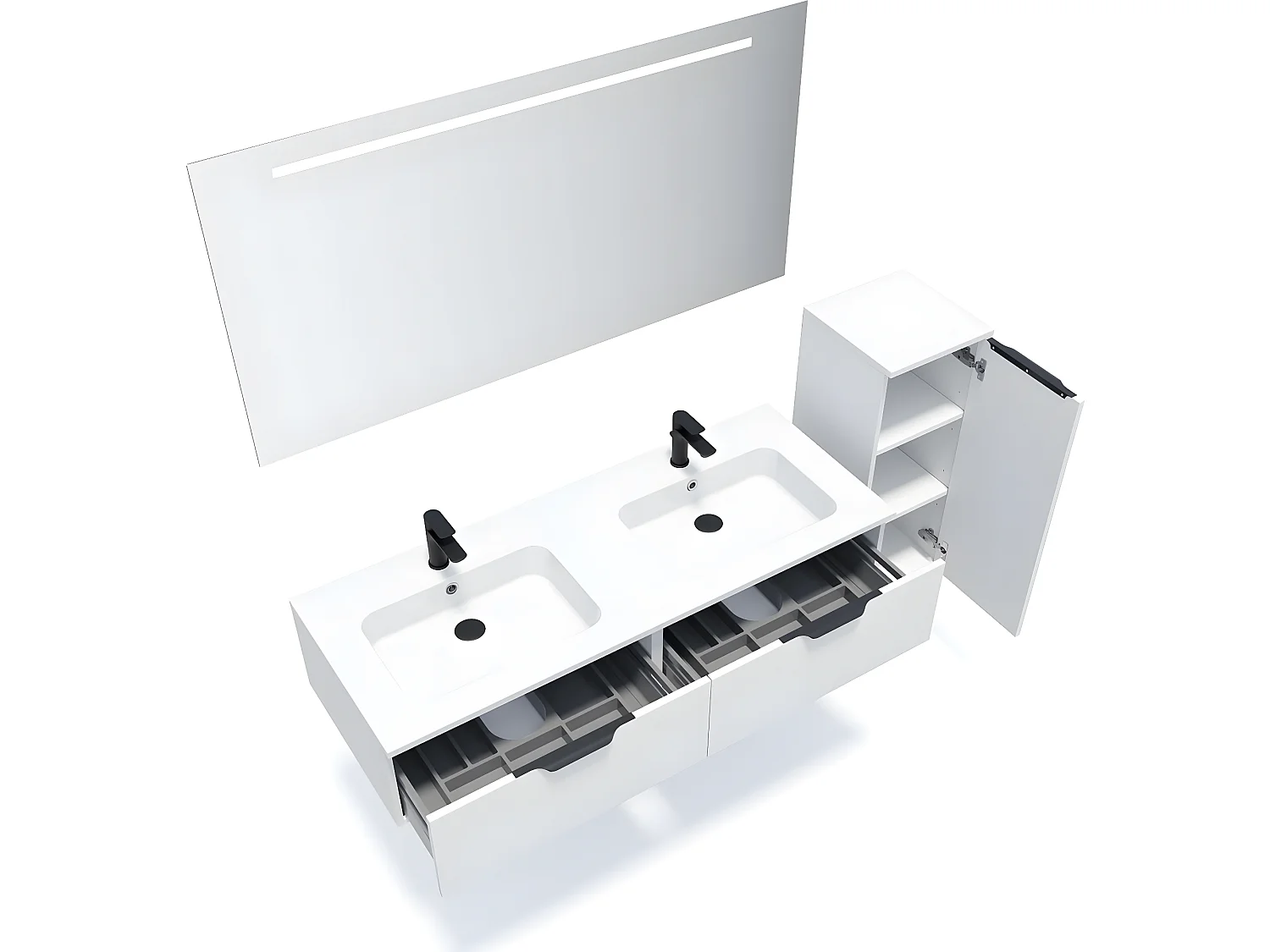 Meuble de salle de bain suspendu double vasque intégrée 140cm 2 tiroirs Blanc + miroir + colonne ouverture droite - Soho