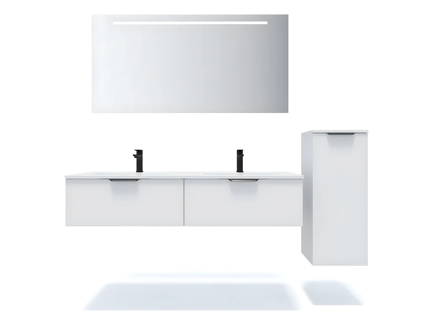 Meuble de salle de bain suspendu double vasque intégrée 140cm 2 tiroirs Blanc + miroir + colonne ouverture droite - Soho