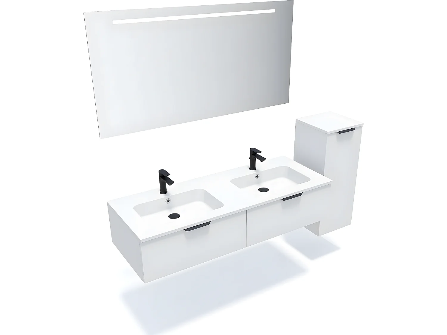 Meuble de salle de bain suspendu double vasque intégrée 140cm 2 tiroirs Blanc + miroir + colonne ouverture droite - Soho