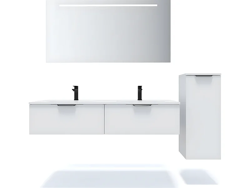 Meuble de salle de bain suspendu double vasque intégrée 140cm 2 tiroirs Blanc + miroir + colonne ouverture droite - Soho