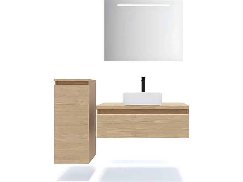 Meuble de salle de bain suspendu vasque à poser 90cm 1 tiroir Chêne clair + miroir + colonne ouverture gauche - Hudson