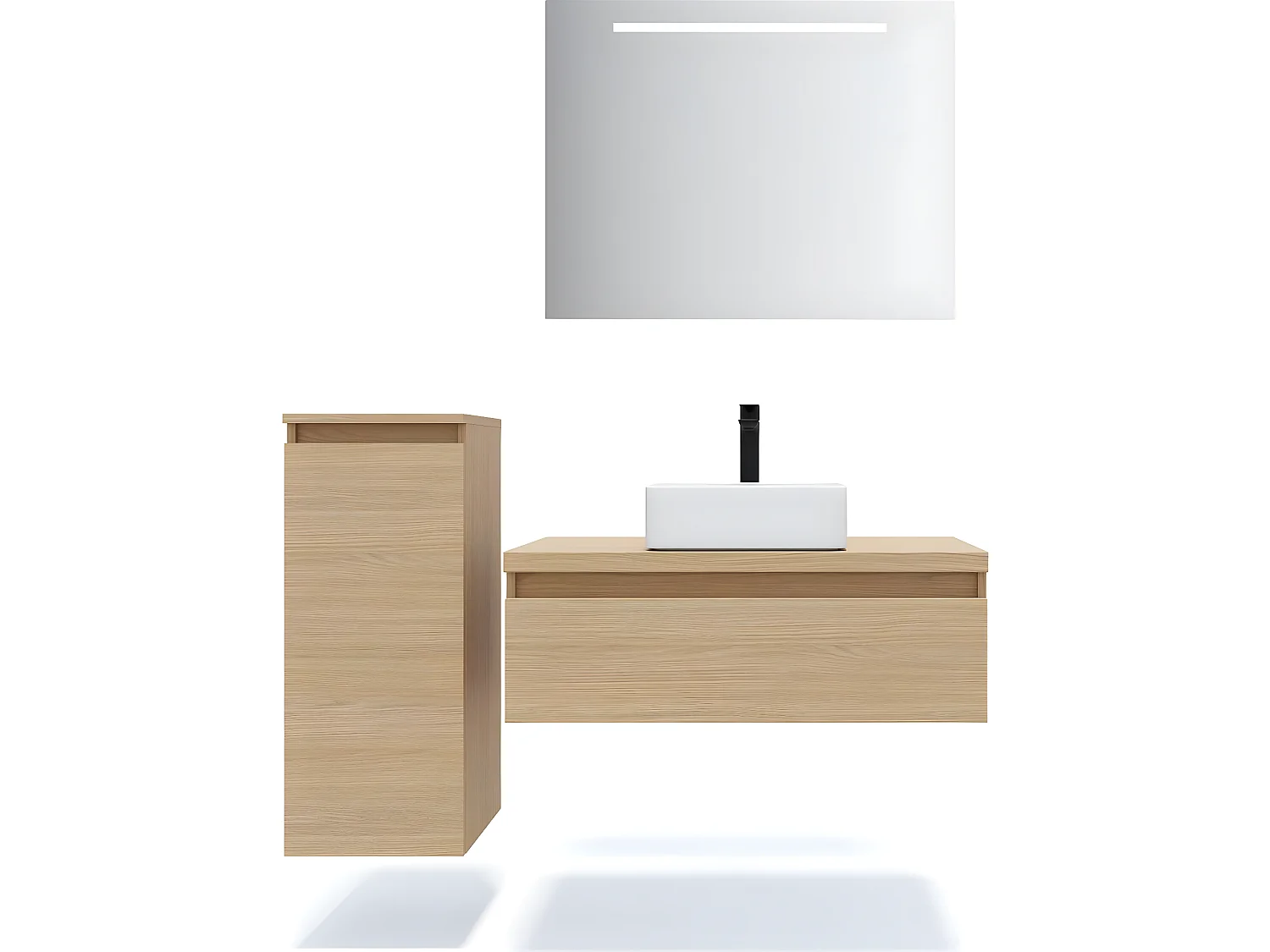 Meuble de salle de bain suspendu vasque à poser 90cm 1 tiroir Chêne clair + miroir + colonne ouverture gauche - Hudson