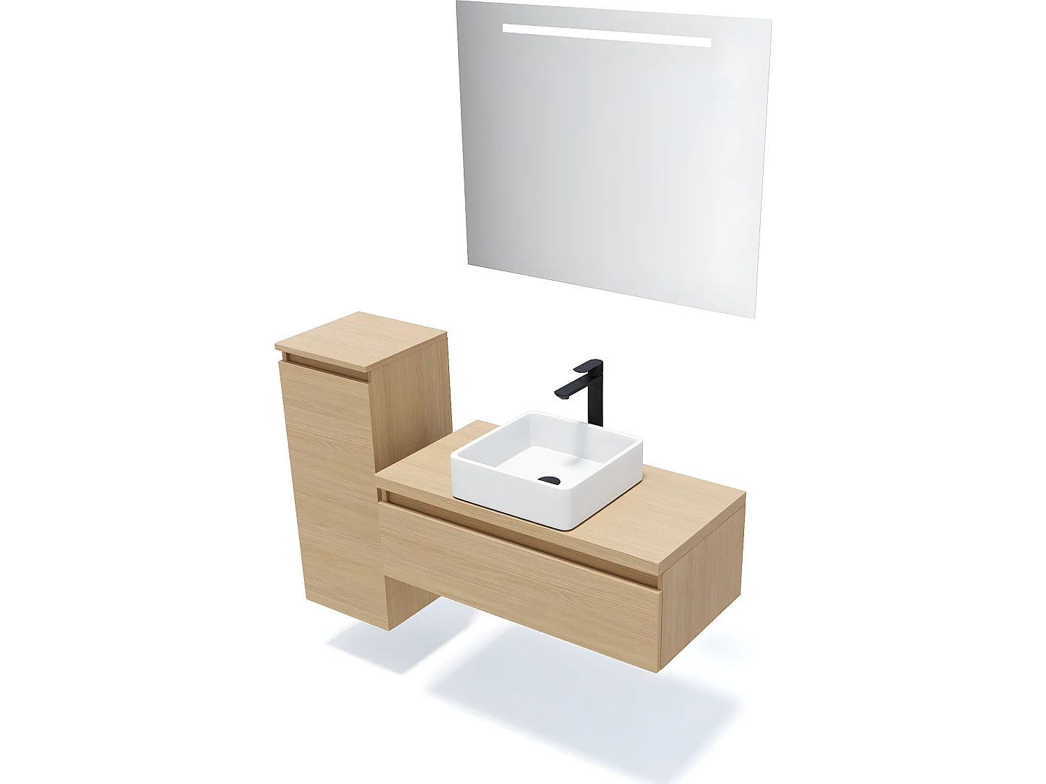 Meuble de salle de bain suspendu vasque à poser 90cm 1 tiroir Chêne clair + miroir + colonne ouverture gauche - Hudson