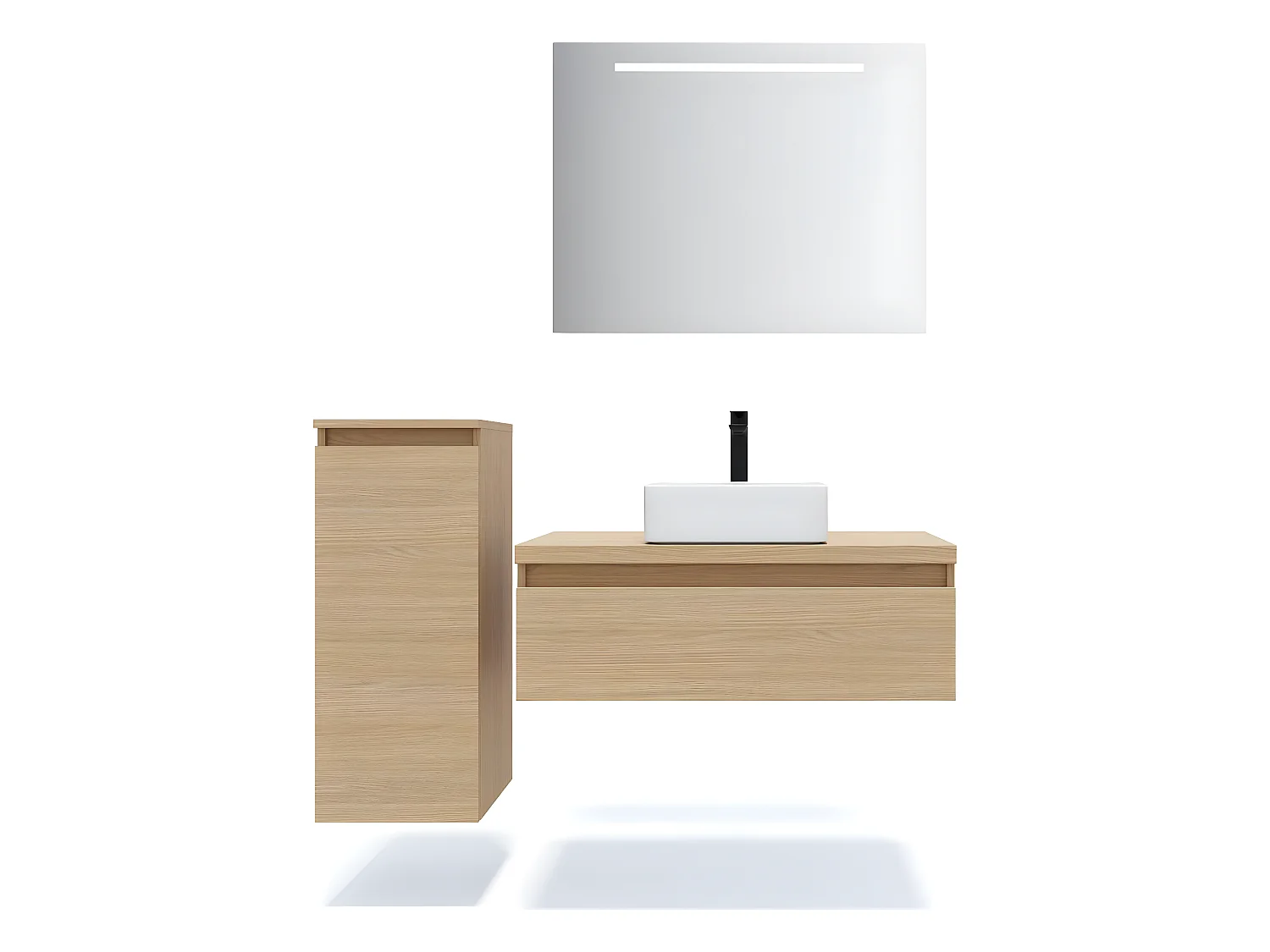 Meuble de salle de bain suspendu vasque à poser 90cm 1 tiroir Chêne clair + miroir + colonne ouverture gauche - Hudson