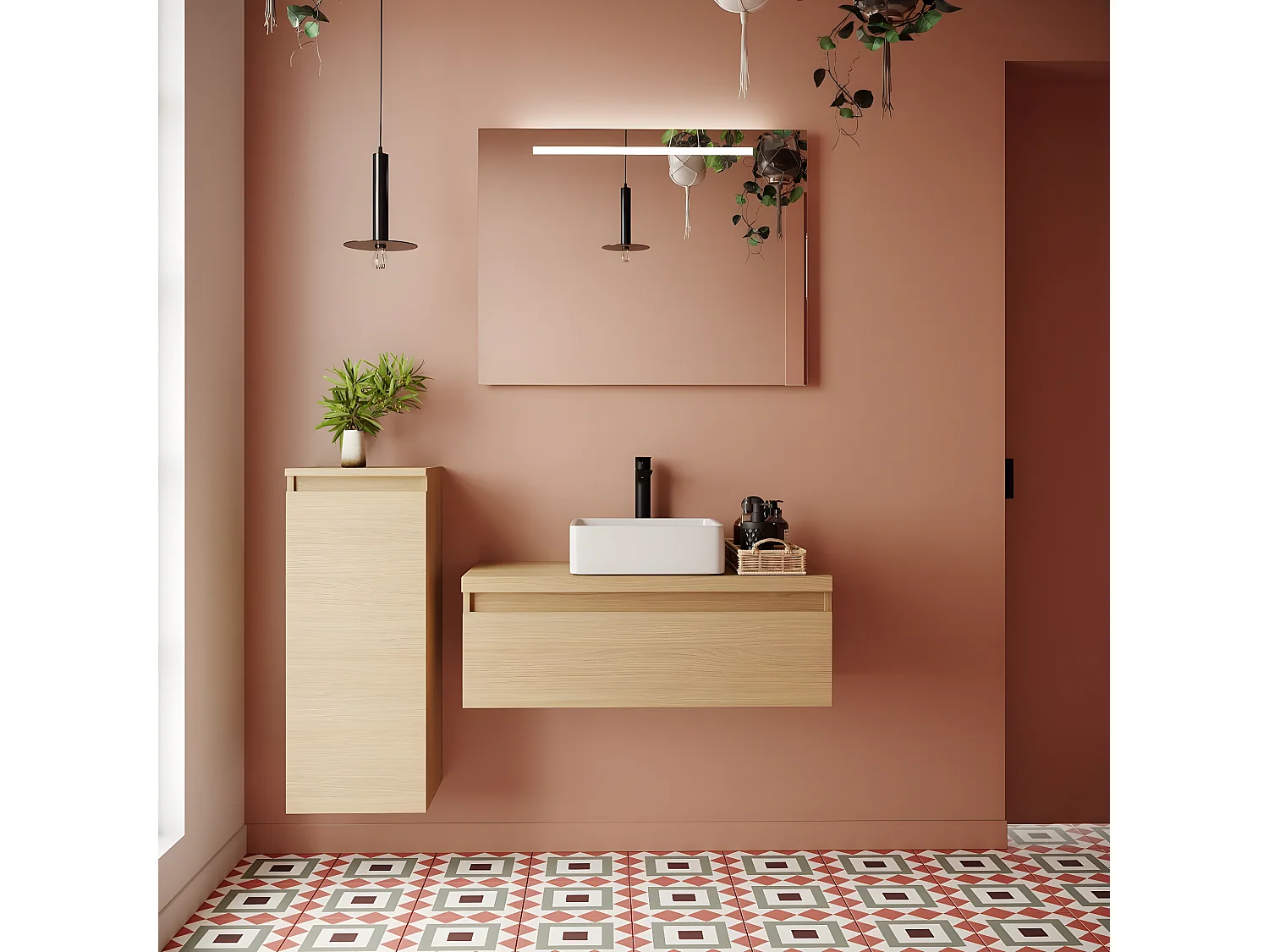 Meuble de salle de bain suspendu vasque à poser 90cm 1 tiroir Chêne clair + miroir + colonne ouverture gauche - Hudson