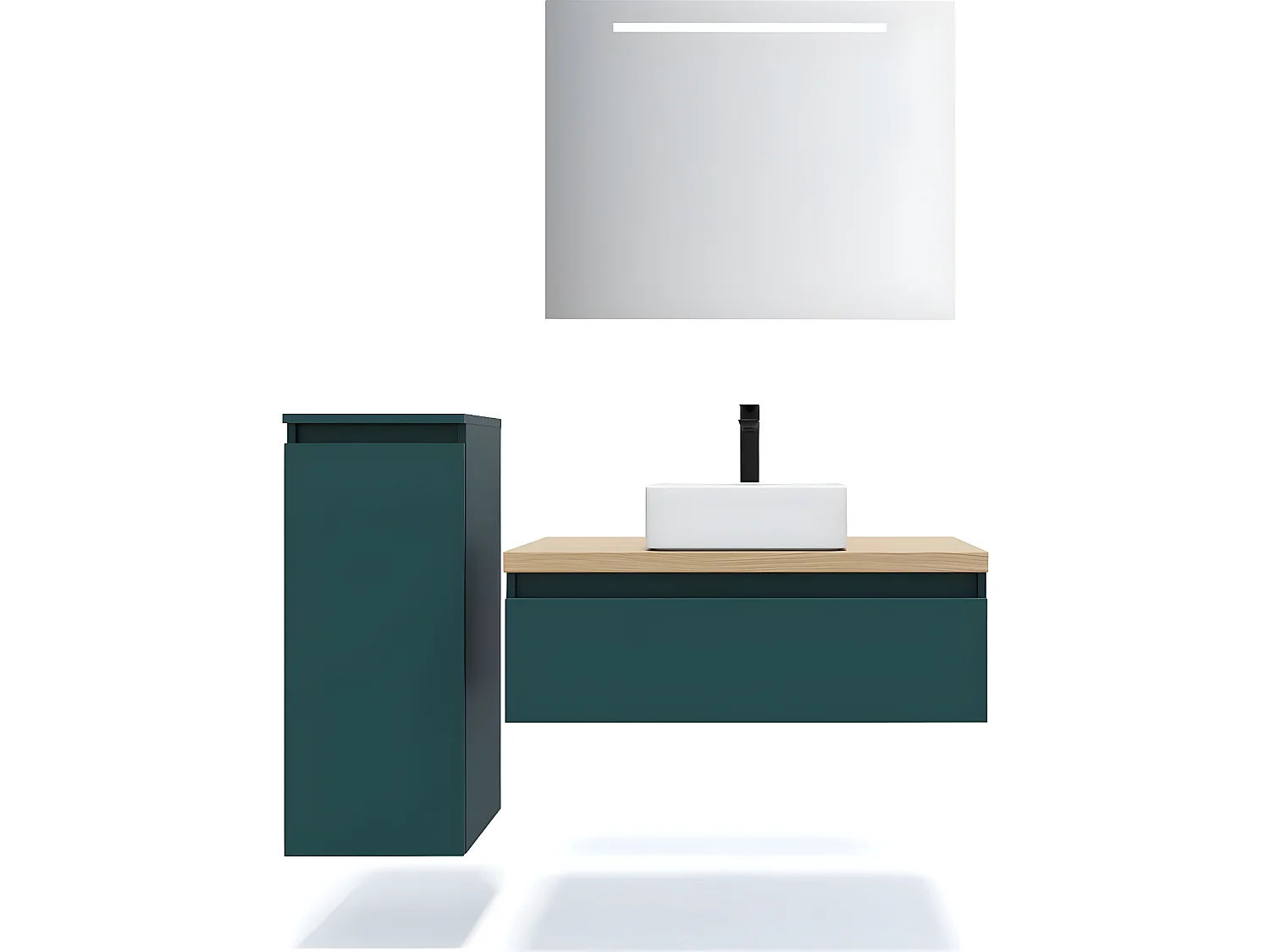 Meuble de salle de bain suspendu vasque à poser 90cm 1 tiroir Bleu + miroir + colonne ouverture gauche - Hudson