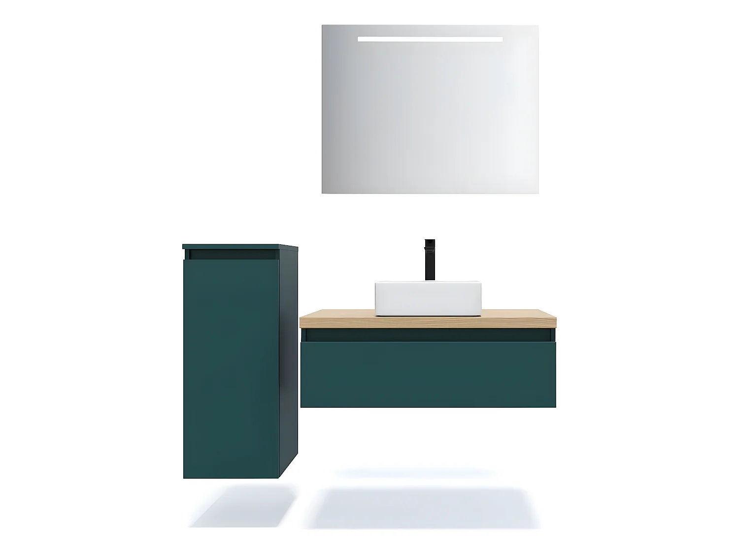Meuble de salle de bain suspendu vasque à poser 90cm 1 tiroir Bleu + miroir + colonne ouverture gauche - Hudson