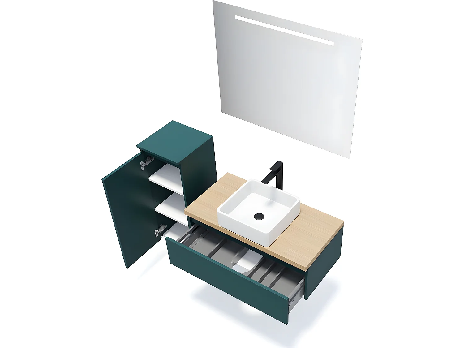 Meuble de salle de bain suspendu vasque à poser 90cm 1 tiroir Bleu + miroir + colonne ouverture gauche - Hudson