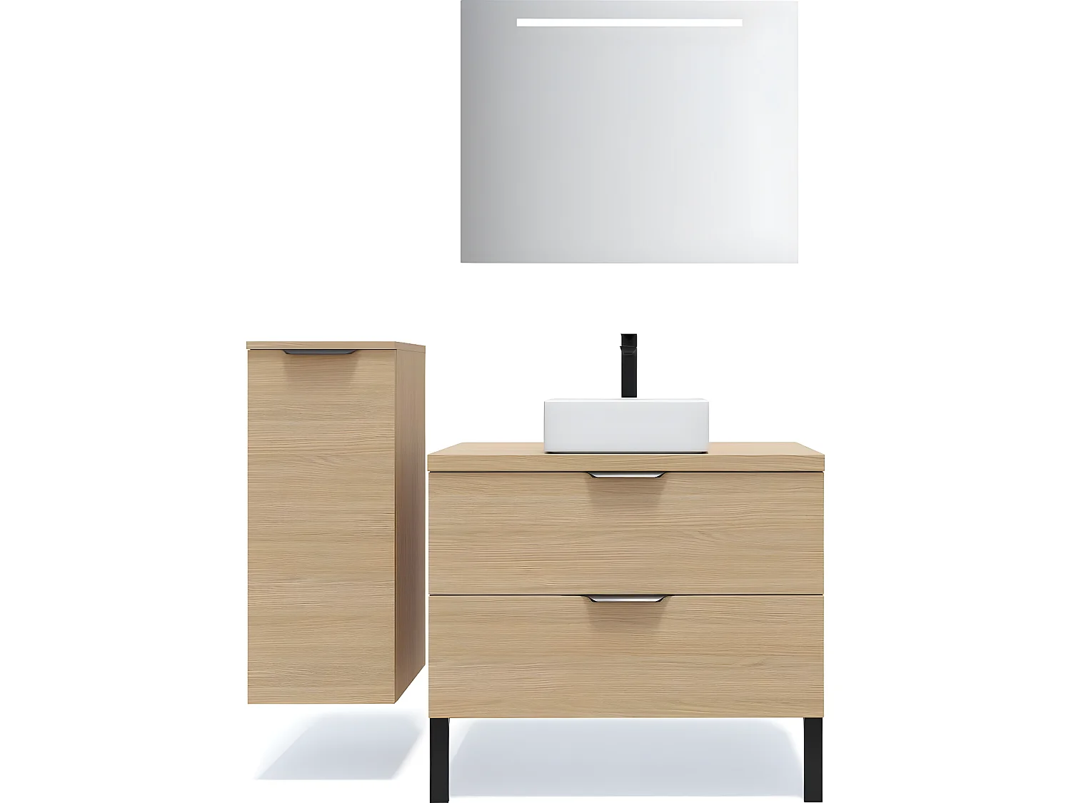 Meuble de salle de bain suspendu vasque à poser 90cm 2 tiroirs Chêne clair + miroir + colonne ouverture gauche - Venice