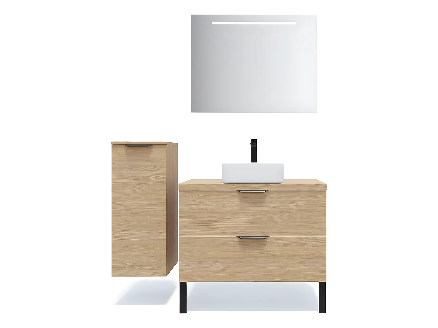 Meuble de salle de bain suspendu vasque à poser 90cm 2 tiroirs Chêne clair + miroir + colonne ouverture gauche - Venice