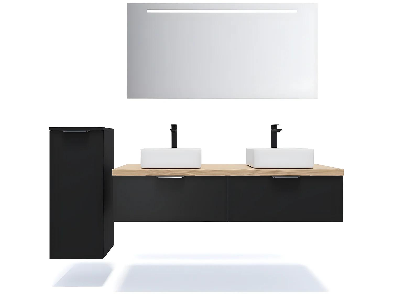 Meuble de salle de bain suspendu 2 vasques à poser 140cm 2 tiroirs Noir + miroir + colonne ouverture gauche - Soho