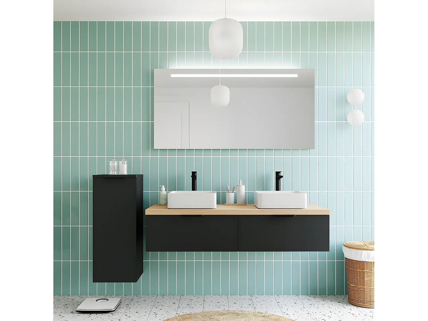 Meuble de salle de bain suspendu 2 vasques à poser 140cm 2 tiroirs Noir + miroir + colonne ouverture gauche - Soho