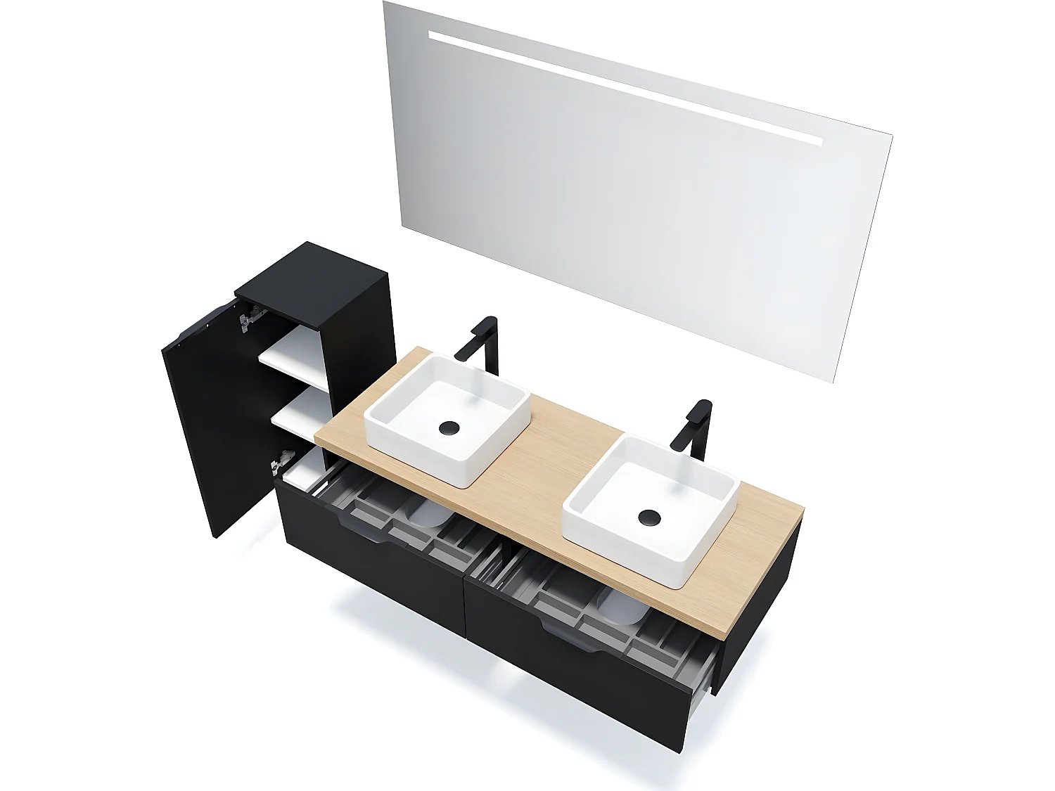 Meuble de salle de bain suspendu 2 vasques à poser 140cm 2 tiroirs Noir + miroir + colonne ouverture gauche - Soho