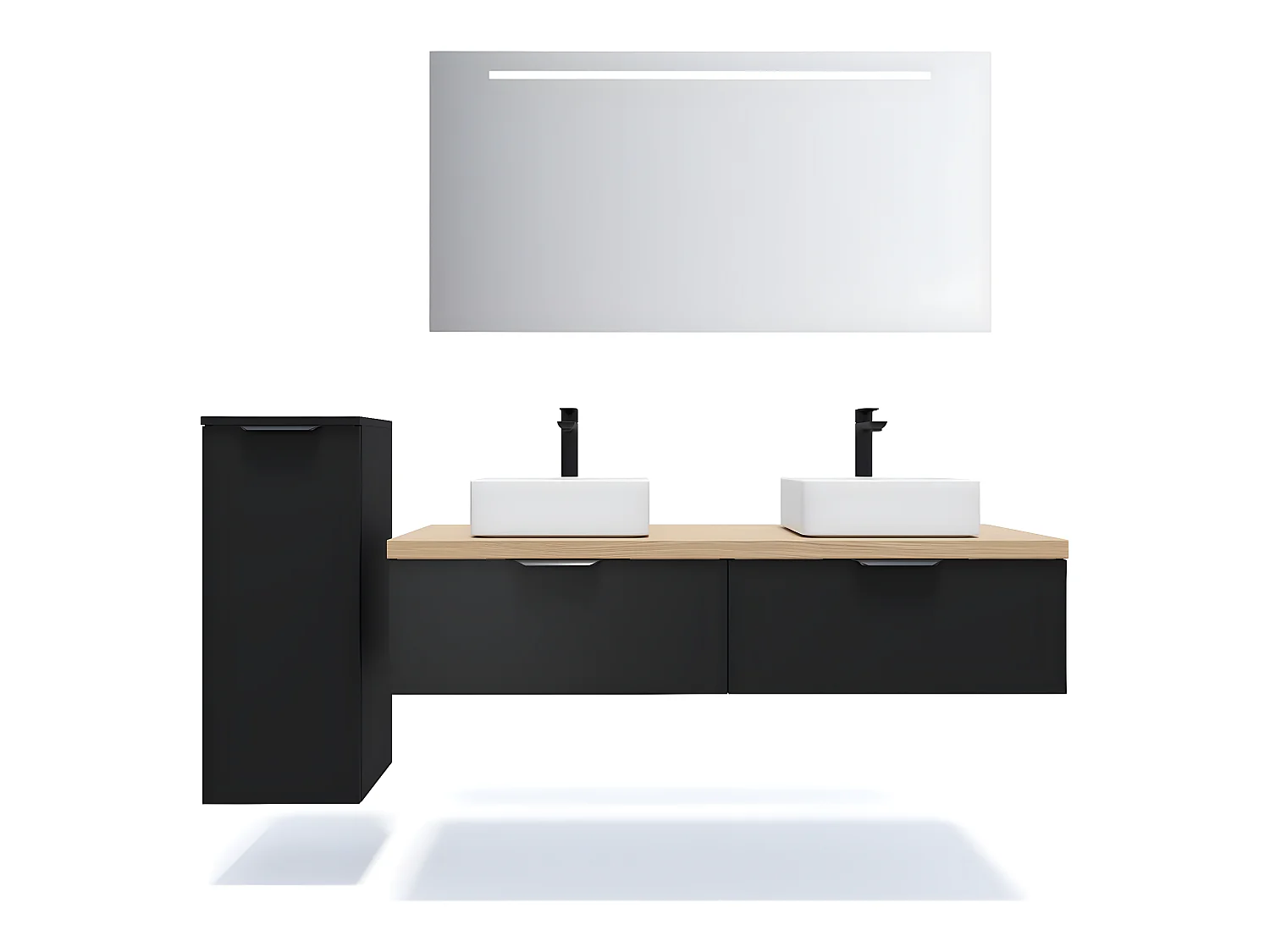 Meuble de salle de bain suspendu 2 vasques à poser 140cm 2 tiroirs Noir + miroir + colonne ouverture gauche - Soho