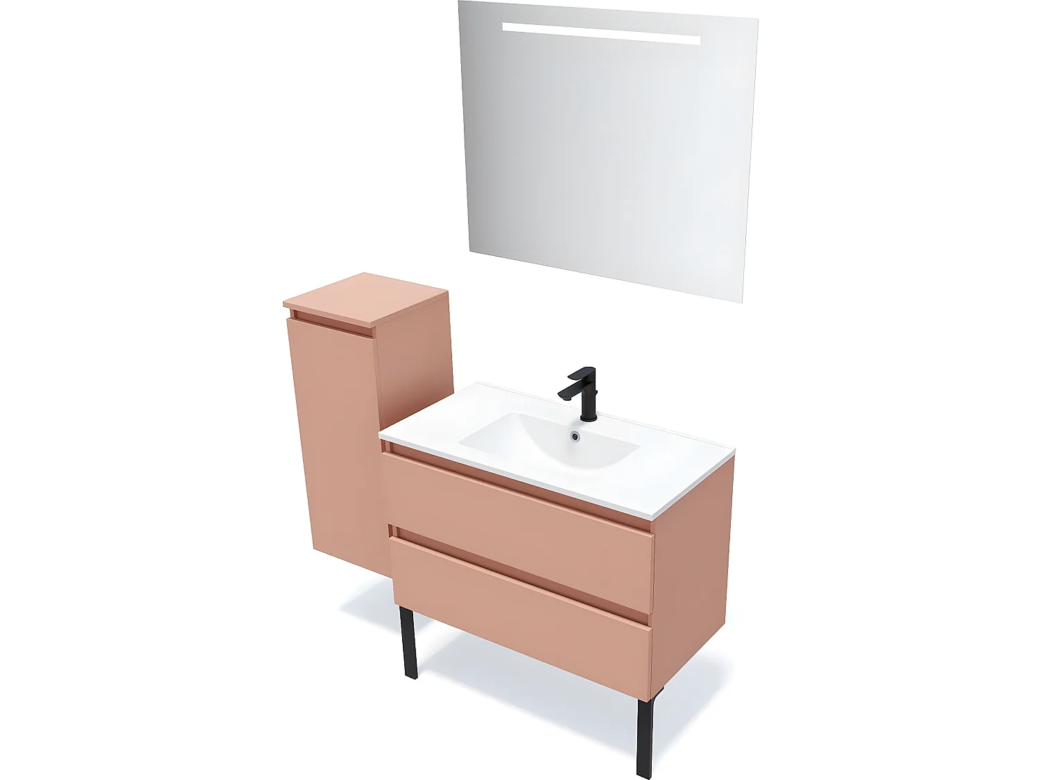 Meuble de salle de bain suspendu vasque intégrée 90cm 2 tiroirs Abricot + miroir + colonne ouverture gauche - Hudson