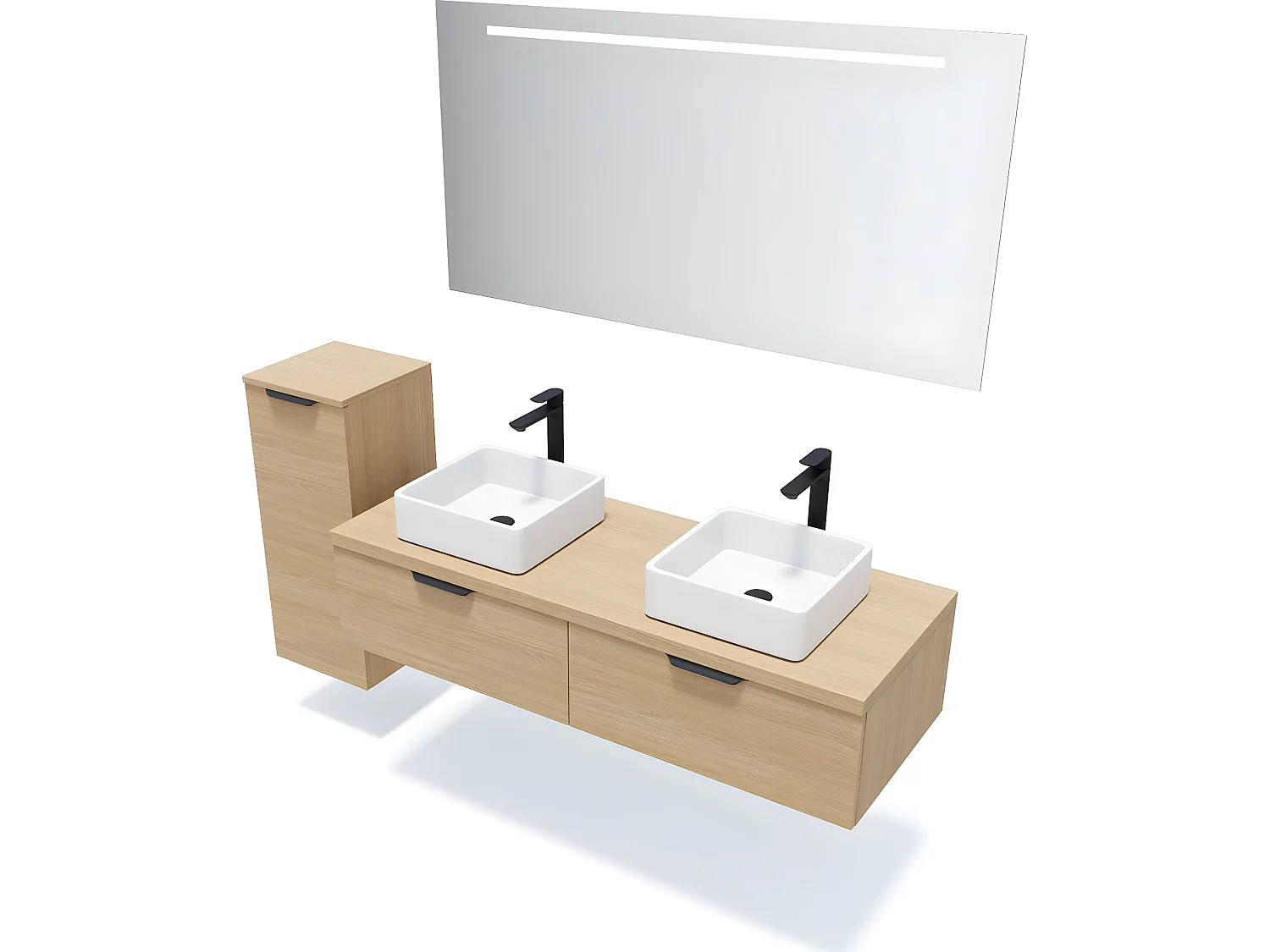 Meuble de salle de bain suspendu 2 vasques à poser 140cm 2 tiroirs Chêne clair + miroir + colonne ouverture gauche - Soho