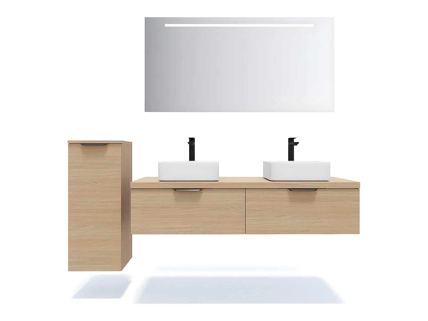 Meuble de salle de bain suspendu 2 vasques à poser 140cm 2 tiroirs Chêne clair + miroir + colonne ouverture gauche - Soho