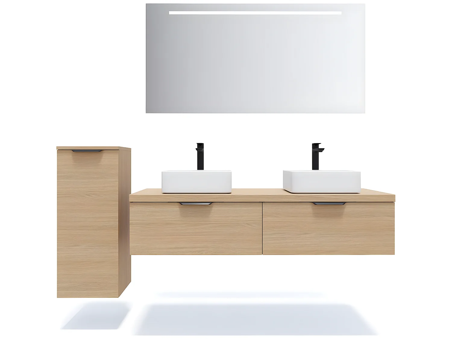 Meuble de salle de bain suspendu 2 vasques à poser 140cm 2 tiroirs Chêne clair + miroir + colonne ouverture gauche - Soho