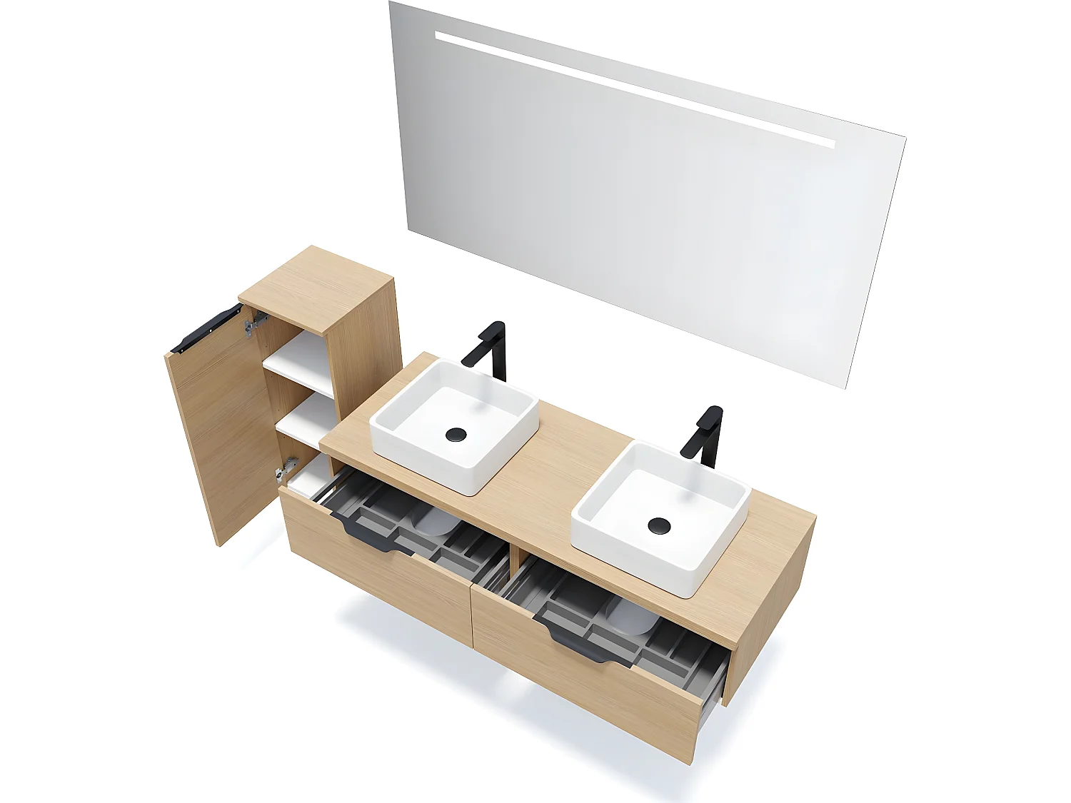 Meuble de salle de bain suspendu 2 vasques à poser 140cm 2 tiroirs Chêne clair + miroir + colonne ouverture gauche - Soho