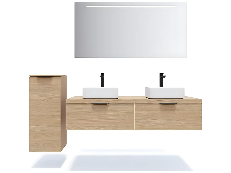Meuble de salle de bain suspendu 2 vasques à poser 140cm 2 tiroirs Chêne clair + miroir + colonne ouverture gauche - Soho