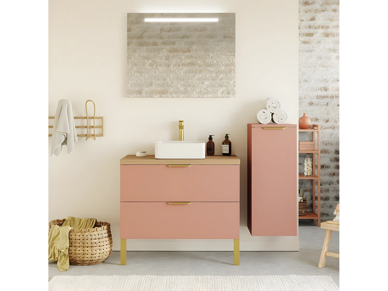 Meuble de salle de bain suspendu vasque à poser 90cm 2 tiroirs Abricot + miroir + colonne ouverture droite - Venice