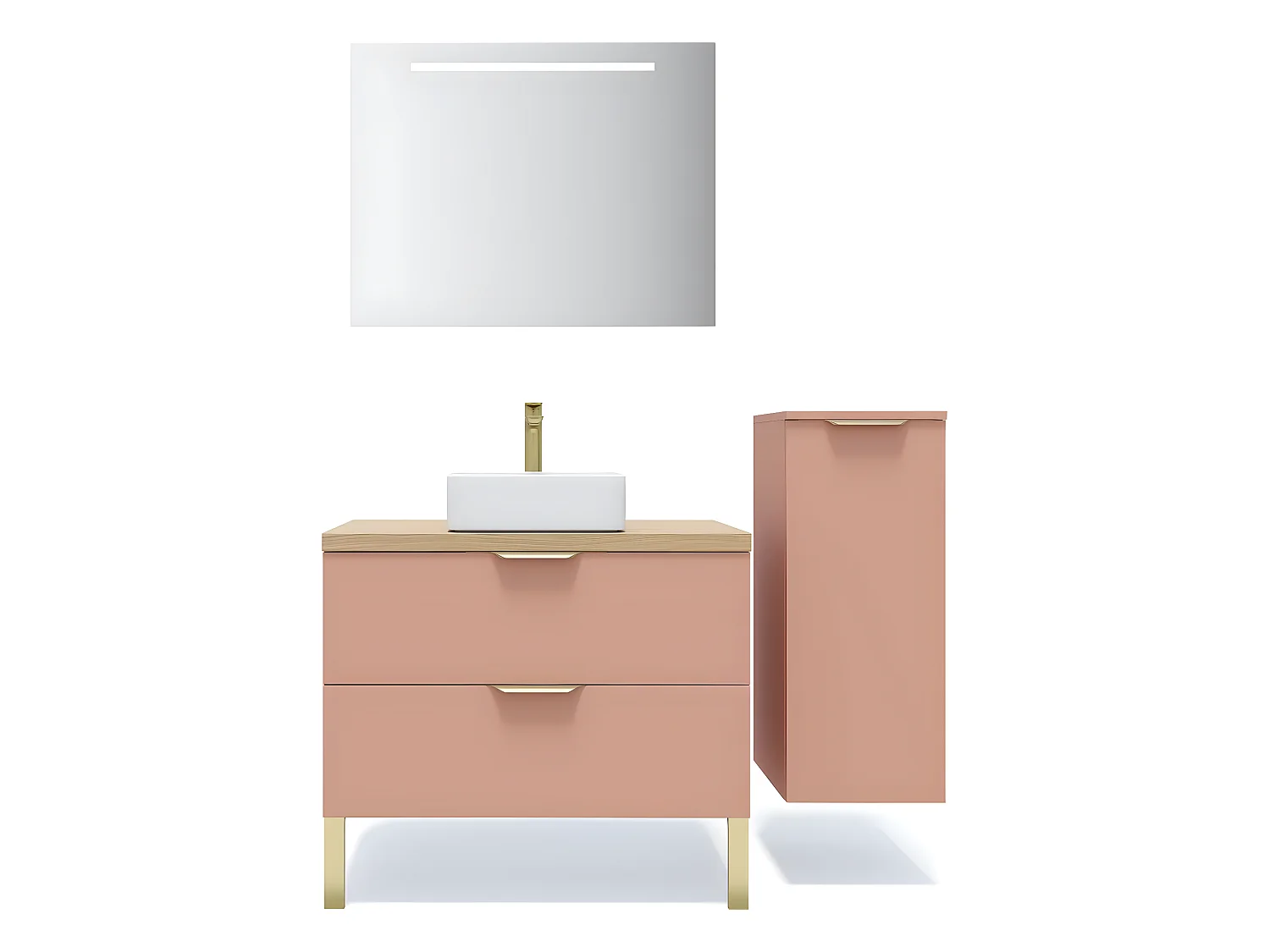 Meuble de salle de bain suspendu vasque à poser 90cm 2 tiroirs Abricot + miroir + colonne ouverture droite - Venice