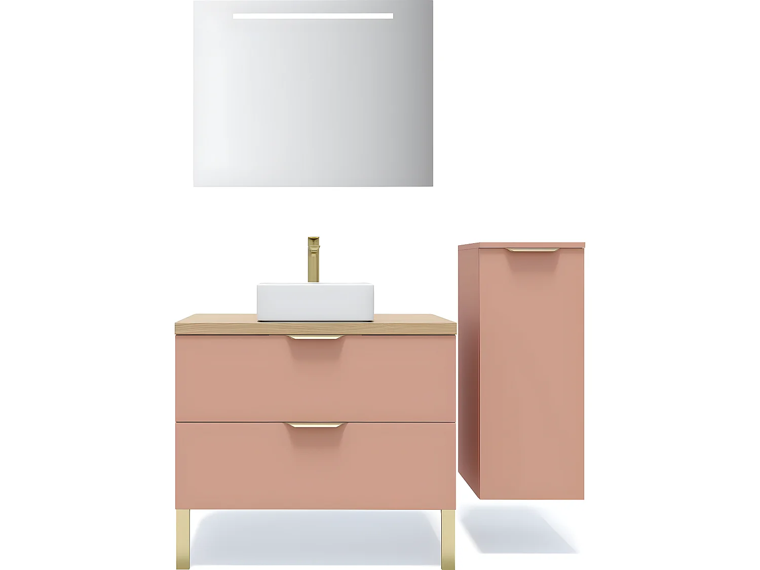 Meuble de salle de bain suspendu vasque à poser 90cm 2 tiroirs Abricot + miroir + colonne ouverture droite - Venice