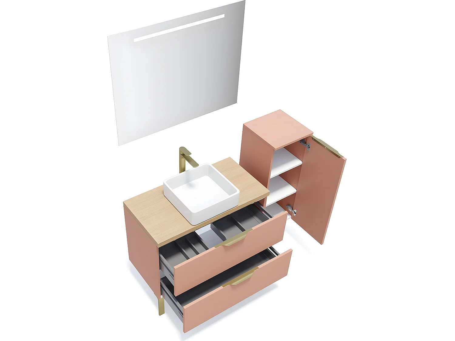 Meuble de salle de bain suspendu vasque à poser 90cm 2 tiroirs Abricot + miroir + colonne ouverture droite - Venice