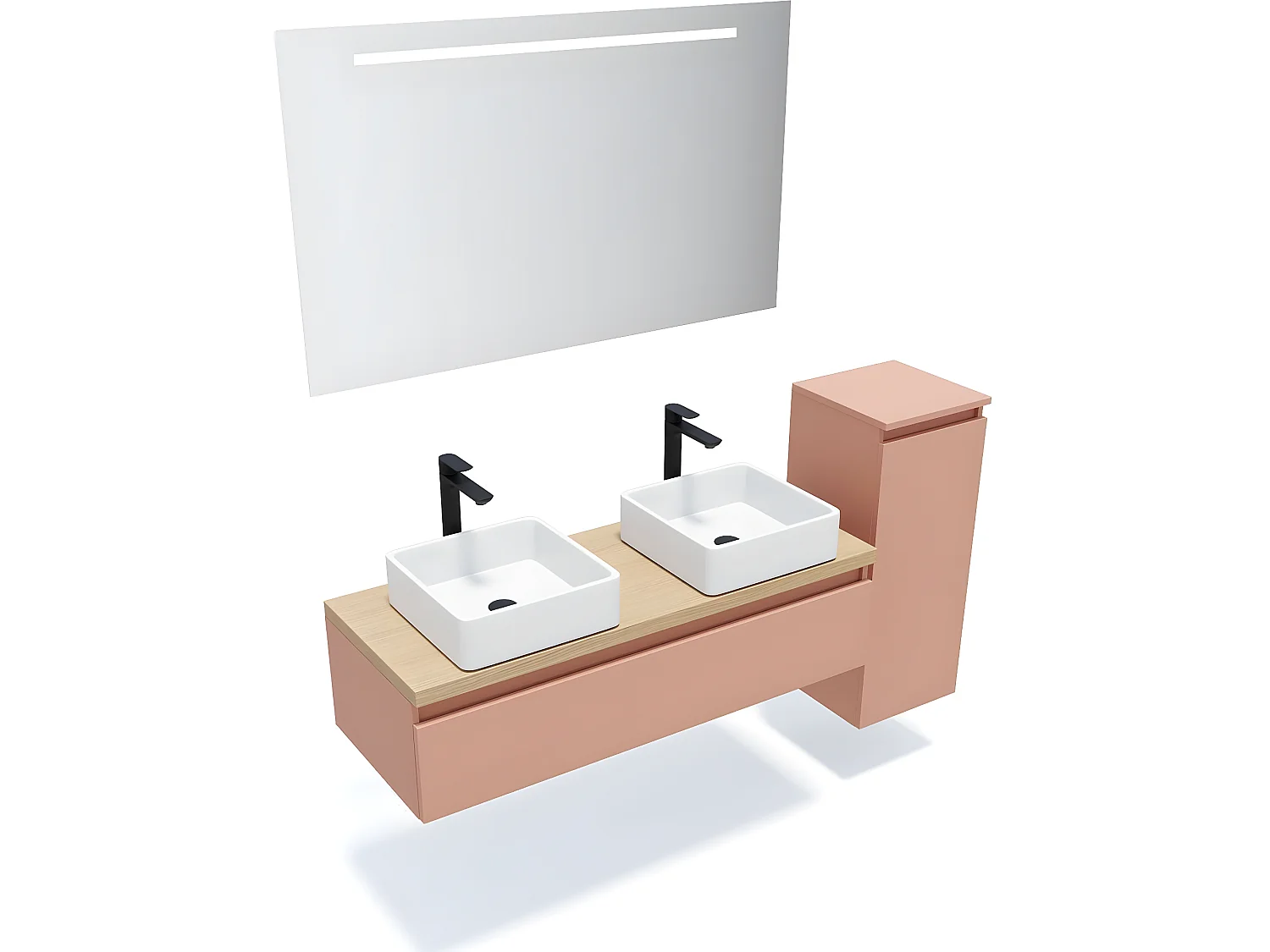 Meuble de salle de bain suspendu 2 vasques à poser 120cm 1 tiroir Abricot + miroir + colonne ouverture droite - Hudson