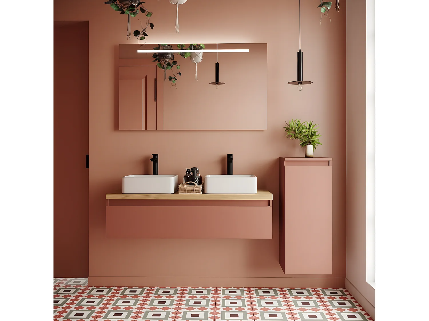 Meuble de salle de bain suspendu 2 vasques à poser 120cm 1 tiroir Abricot + miroir + colonne ouverture droite - Hudson