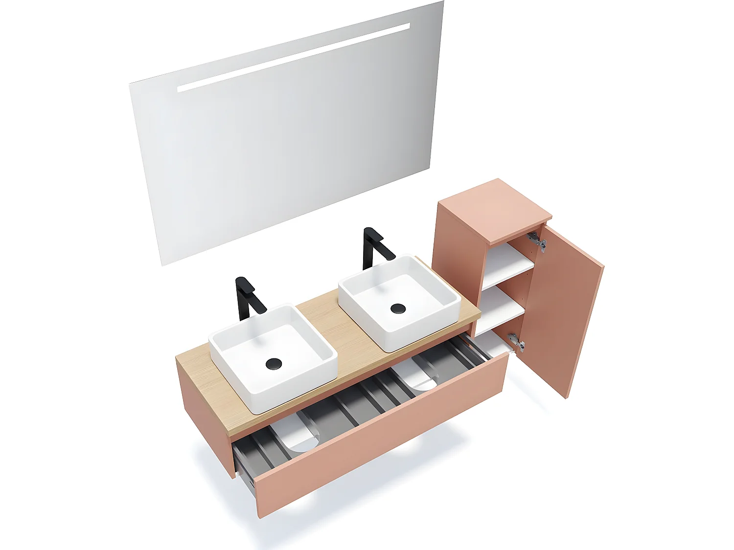Meuble de salle de bain suspendu 2 vasques à poser 120cm 1 tiroir Abricot + miroir + colonne ouverture droite - Hudson