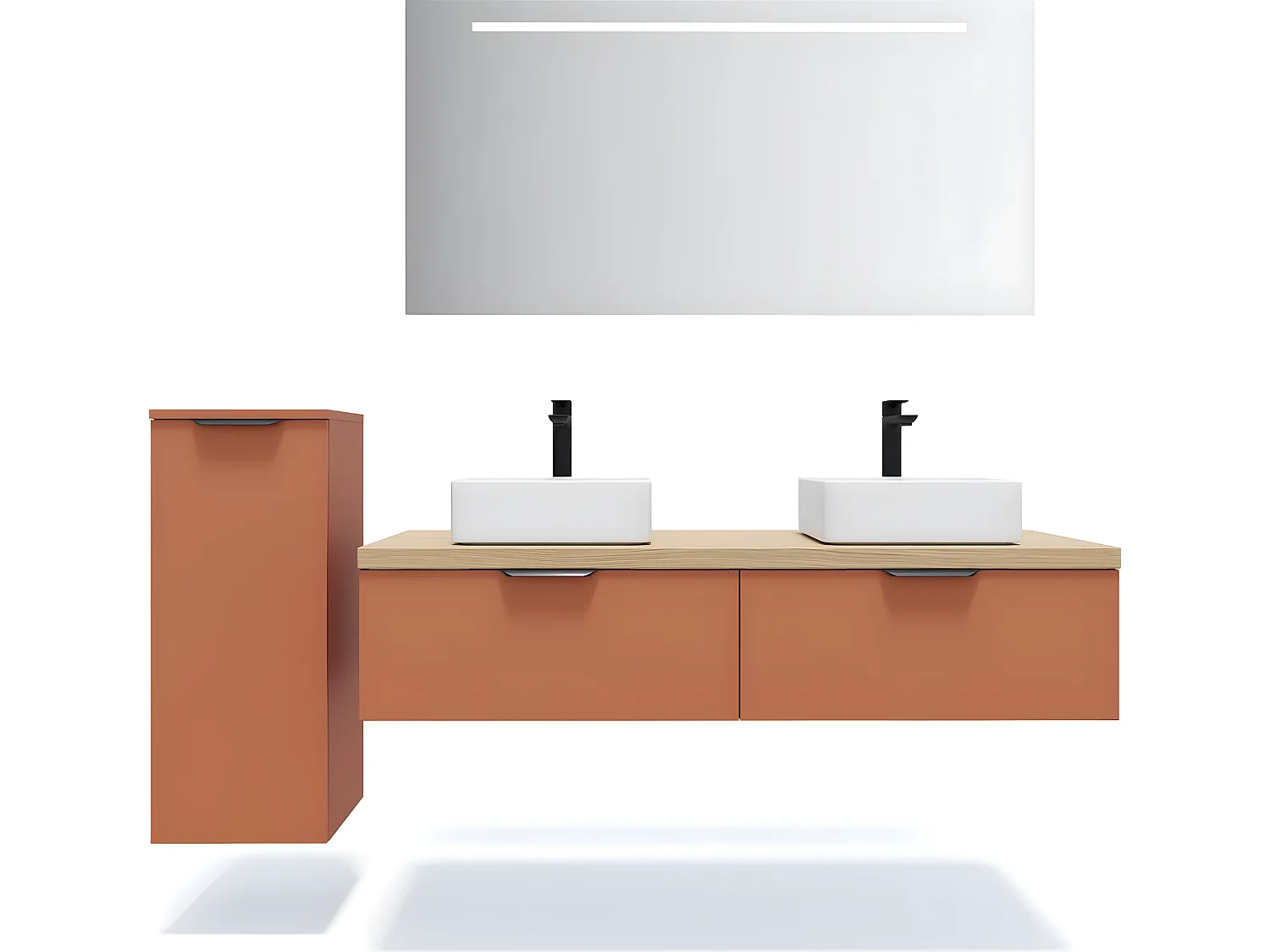 Meuble de salle de bain suspendu 2 vasques à poser 140cm 2 tiroirs Terracotta + miroir + colonne ouverture gauche - Soho