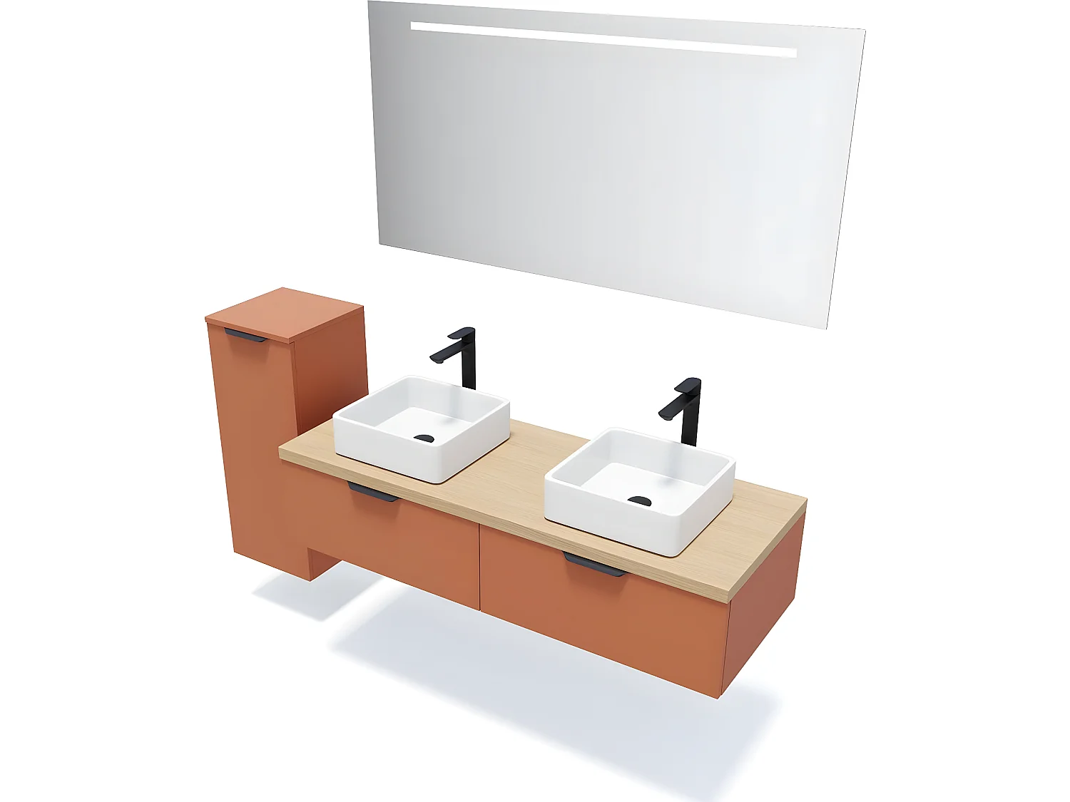 Meuble de salle de bain suspendu 2 vasques à poser 140cm 2 tiroirs Terracotta + miroir + colonne ouverture gauche - Soho